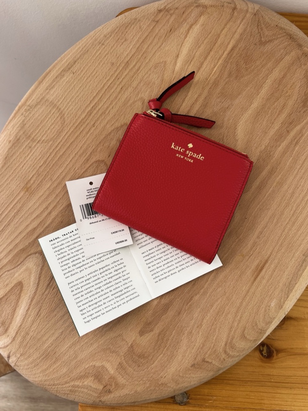 kate spade Red Pebbled Leather Zip Wallet with Gold Logo